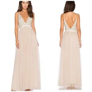 NWT Needle & Thread Plunge V Beaded Tulle Maxi Dress Cream & Dust Pink Size 8